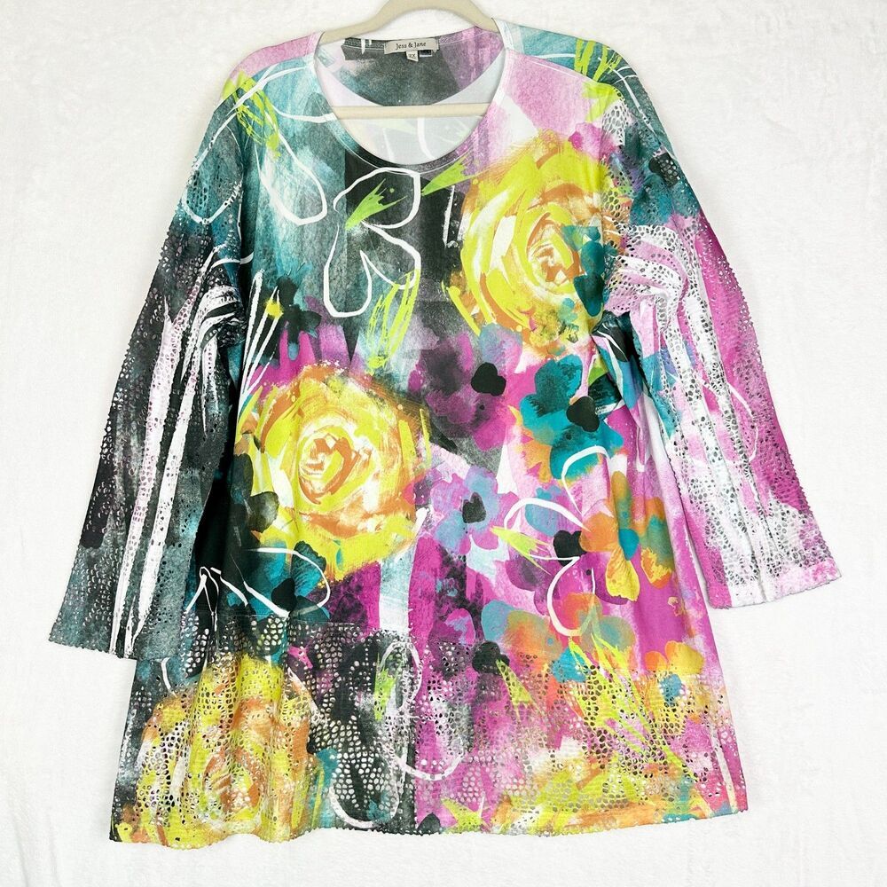 Jess & Jane Roses Crochet Mesh Contrast Tunic Top Size 2X Burnout Art To Wear
